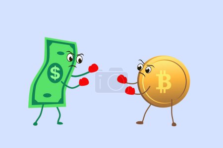 Ilustración de Moneda vs criptomoneda batalla dólar fiduciario contra bitcoin. - Imagen libre de derechos