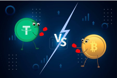 Illustration for Currency battle USDT vs bitcoin. Digital currencies fight on a stylized background. - Royalty Free Image