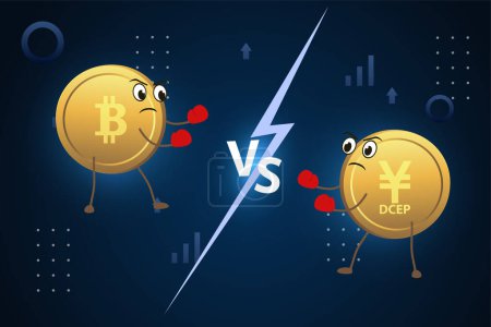 Illustration for Currency battle bitcoin vs DCEP digital yuan. Digital currencies fight On a stylized background. - Royalty Free Image