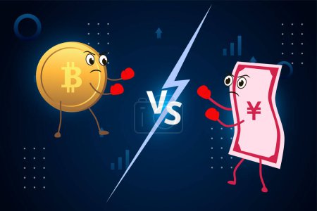 Ilustración de Moneda batalla bitcoin vs fiat yuan. Monedas luchan Sobre un fondo estilizado. - Imagen libre de derechos
