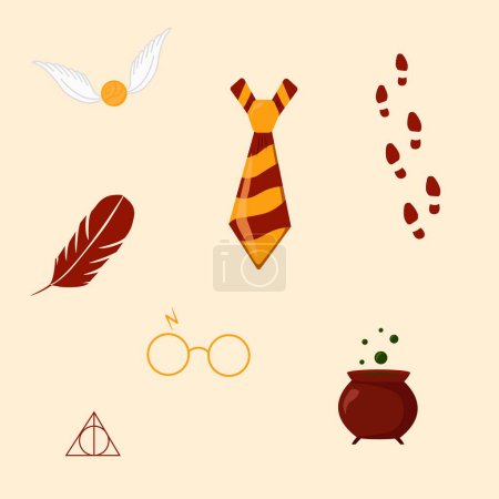Set of magic items in cardboard style vector illustration flying ball, magic feather, glasses, tie, potion cauldron, shoeprint. Template ideal for children's textiles, clothes, supplies. Harry is a boy. Potter