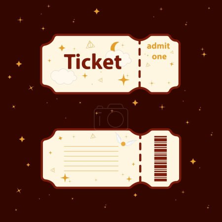 Illustration for Ticket. Set of magic items in cardboard style vector illustration flying ball, magic feather, glasses, tie, potion cauldron, shoe print. The template is perfect for kids events and costume parties. Harry is a boy. Potter ticket - Royalty Free Image