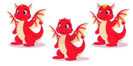 Téléchargez les illustrations : Ensemble de personnages de dragon de dessin animé mignon rouge symbole de la nouvelle année 2024 Nouvel An chinois - en licence libre de droit