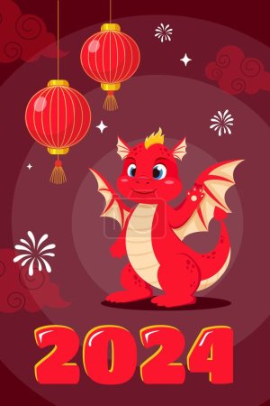 Téléchargez les photos : Carte de vœux vectorielle chinoise 2024 avec dragon chinois rouge mignon en style dessin animé - en image libre de droit