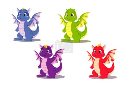 Téléchargez les photos : Ensemble de conte de fées dragons vectoriels mignons de différentes couleurs dans le style de dessin animé - en image libre de droit