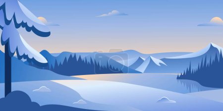 Téléchargez les photos : Illustration vectorielle du paysage hivernal Lever, coucher de soleil avec pins, montagnes et lac paysage hivernal en couleurs bleues - en image libre de droit