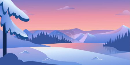 Vector illustration of a snowy winter landscape at sunset with pine trees, mountains and lake