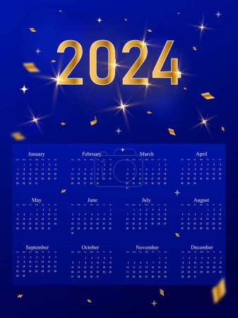 Téléchargez les photos : Calendrier vectoriel 2024. Fleur d'or, chiffres d'or sur fond bleu dégradé. Concept de calendrier créatif - en image libre de droit