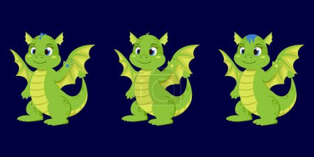 Téléchargez les photos : Trois dragons verts mignons vectoriels dans le style de dessin animé - en image libre de droit