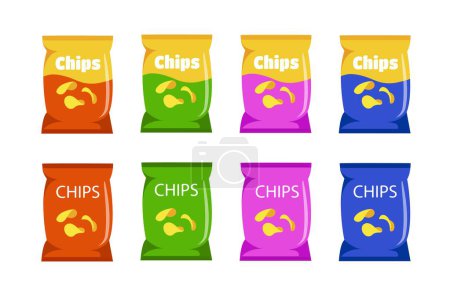 Ilustración de Una gran selección de snacks en diferentes colores. Pack de chips de diferentes colores - Imagen libre de derechos