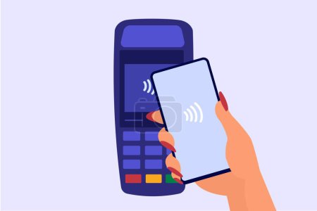 Illustration for Vector contactless payment concept female hand holding phone in terminal - Royalty Free Image