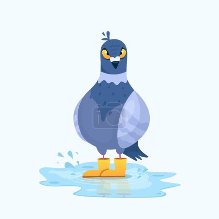 Téléchargez les photos : Illustration vectorielle d'une colombe en colère debout dans une flaque d'eau. Cartoon style. Illustration pour enfants d'un drôle de pigeon. - en image libre de droit