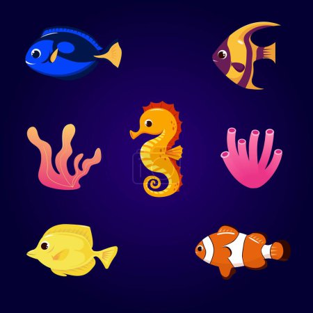 Ilustración de Set con elementos de vida marina dibujados a mano en estilo de dibujos animados. Vector doodle conjunto de dibujos animados de objetos de la vida marina para su diseño. Vida marina. Lindo pez, caballito de mar, pez azul, pez amarillo, pez payaso, espiga azul - Imagen libre de derechos