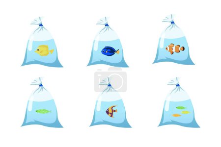 Téléchargez les illustrations : Acheter des poissons d'aquarium dans un sac. poissons d'aquarium dans un sac. Poisson vecteur nageant dans un sac en plastique isolé sur un fond blanc - en licence libre de droit