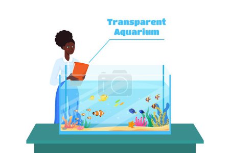 Téléchargez les photos : Aquarium transparent avec eau et algues isolées, carpe, sable. une Afro-Américaine se tient derrière un aquarium. Bel aquarium transparent en style dessin animé. - en image libre de droit