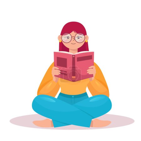 Vector, das Mädchen, liest ein Buch, in dem eine Frau mit einem Buch in der Hand sitzt. Vektor das Mädchen sitzt in der Lotusposition und liest ein Buch