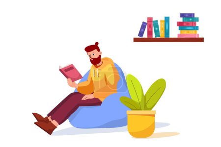 Ilustración de Hombre vectorial sentado en un puf y leyendo un libro, ilustración vectorial - Imagen libre de derechos