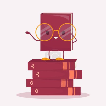 Vector cartoon cute book character with big glasses and smile. A revived book stands on a stack of books. World Book Day