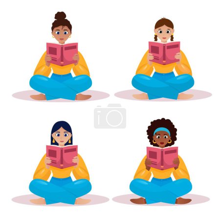 Set of vector girls of different nationalities reading a book. A girl sits with a book in the lotus position. The girl sits and reads a book.Literacy Day.World Book Day