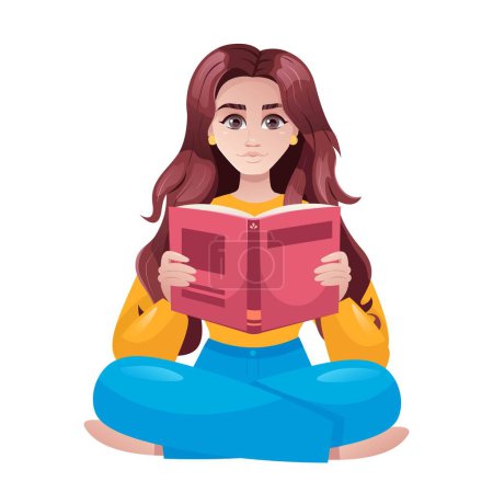 Téléchargez les photos : Illustration vectorielle plate d'une fille aux cheveux longs assise en position lotus et lisant un livre. - en image libre de droit