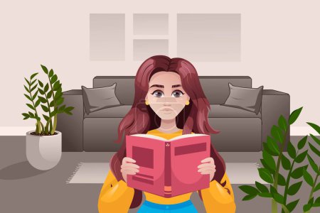 A young girl stands with a book against the background of the room. Girl with an open book in cartoon style. World book day, education concept, reading, saving trees. Literacy day
