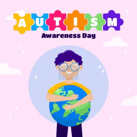Flacher Hintergrund mit einem Jungen, der den Planeten umarmt. Welttag des Autismus-Bewusstseins.