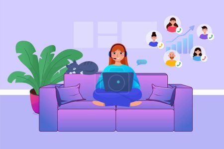 Home work concept girl wearing headphones sitting on the sofa. Remote work illustration concept, customer service flat illustration