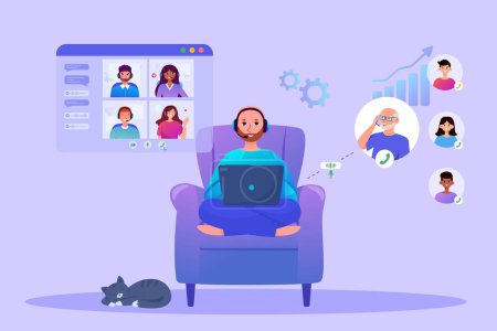 Remote work concept a guy in headphones sits on a chair with a laptop and communicates with clients, a cat sleeps next to him. Customer service flat illustration