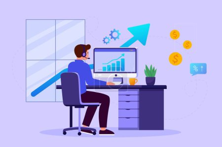 Economic development vector illustration. A man sits at the computer with his back and analyzes a growth chart
