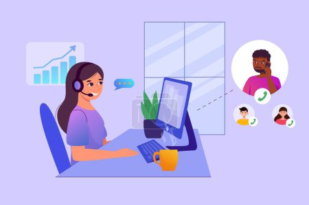 Home work concept. A girl wearing headphones sits at a table and works as an operator, communicating with people by answering calls in a call center.