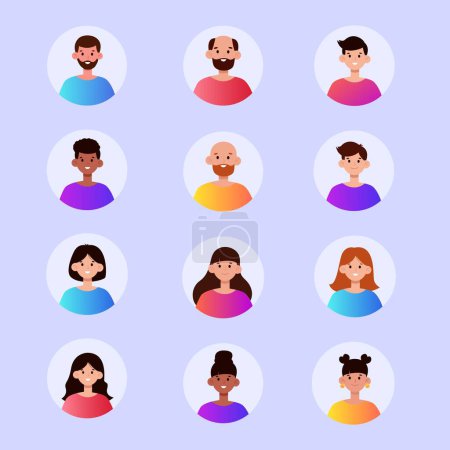 Téléchargez les photos : Avatars de personnes, visages de personnages masculins et féminins pour profil de médias sociaux, avatar utilisateur dans le design plat - en image libre de droit