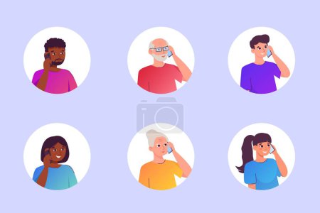 Avatars of people talking on the phone, faces of male and female characters, grandparents, African Americans. People talking on the phone vector in flat design