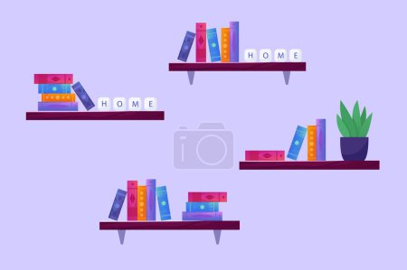 Set with colorful books in cartoon style. Shelves with books Vector illustration