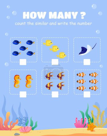 Téléchargez les photos : Combien de parties ? Compter le jeu avec différentes créatures marines. Jeu de comptage mignon avec des illustrations - en image libre de droit