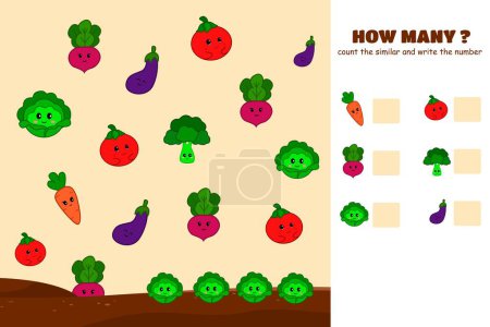 Téléchargez les photos : Combien coûte le jeu. Compter le jeu avec différents légumes mignons. Contre-jeu mignon avec illustrations - en image libre de droit