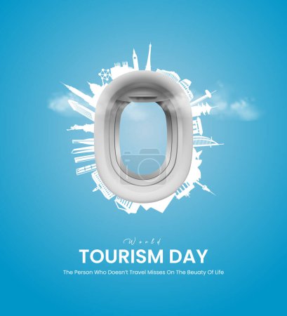 Día Mundial del Turismo. World Travel Concepto creativo. Viajes publicaciones en redes sociales.