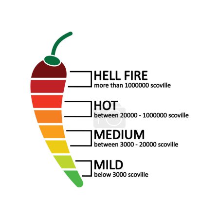 Téléchargez les illustrations : Piment poivre icône de niveau de chaleur. Spicy food hotness niveau illustration symbole. Signer vecteur infographique alimentaire plat. - en licence libre de droit