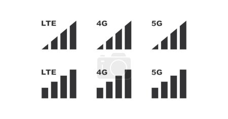 Signal mobile icône réglée. Niveau Gsm LTE, 4G, symbole d'illustration 5G. Signal signe smartphone vecteur plat.