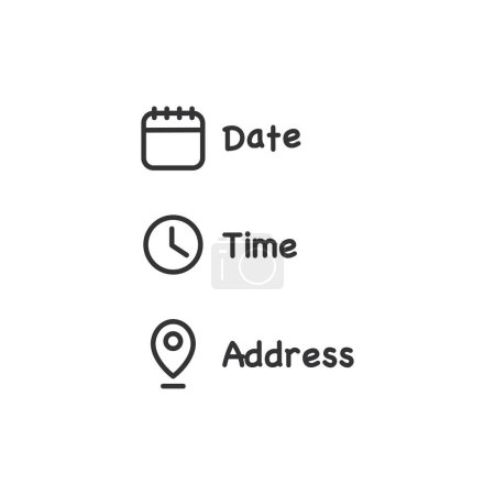 Téléchargez les illustrations : Date and time location address icon. Calendar, clock, location illustration symbol. Sign event data vector desing. - en licence libre de droit