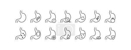 Ilustración de Conjunto de iconos de estómago. Enfermedades estomacales, proteína, función y diseño de vectores de tratamiento. - Imagen libre de derechos