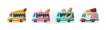 Téléchargez les illustrations : Crème glacée food truck van cartoon car set. Illustration vectorielle desing. - en licence libre de droit