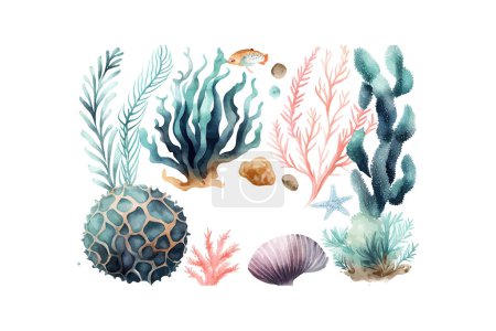 Illustration for Watercolor corals and fish. Vector illustration desing. - Royalty Free Image
