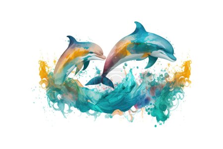 Ilustración de Los delfines nadan en el mar.Colorida plantilla de verano. Diseño de ilustración vectorial. - Imagen libre de derechos