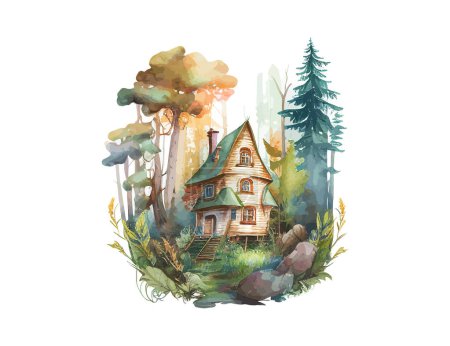 Half-timbered house in forest thickets watercolor. Vector illustration desing.