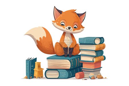 Ilustración de Lindo personaje de zorro con libros aislados en blanco. Diseño de ilustración vectorial. - Imagen libre de derechos