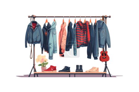 Différents vêtements et chaussures en denim suspendus sur un rack. Illustration vectorielle.