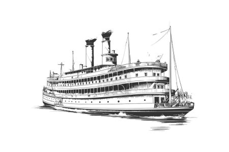 Illustration for Large steamboat retro hand drawn engraving style. Vector illustration design. - Royalty Free Image