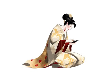 Ilustración de Geisha japonesa clásica con un teléfono inteligente en sus manos. Diseño de ilustración vectorial. - Imagen libre de derechos