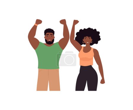 Téléchargez les illustrations : L'homme et la femme africains s'amusent les mains en l'air. Illustration vectorielle. - en licence libre de droit