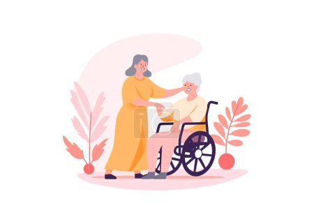 Téléchargez les illustrations : Bonne journée infirmière. infirmière s'occupant d'une femme âgée. Illustration vectorielle. - en licence libre de droit